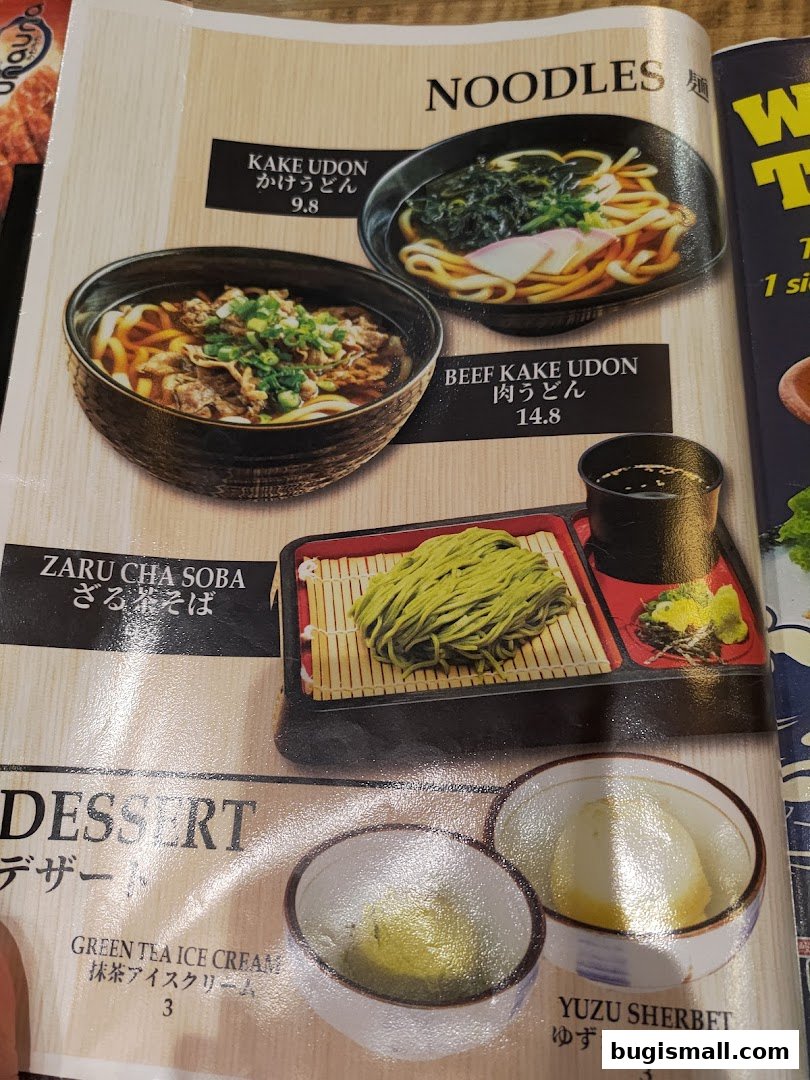A menu page featuring Japanese noodle dishes and desserts from Una Una.