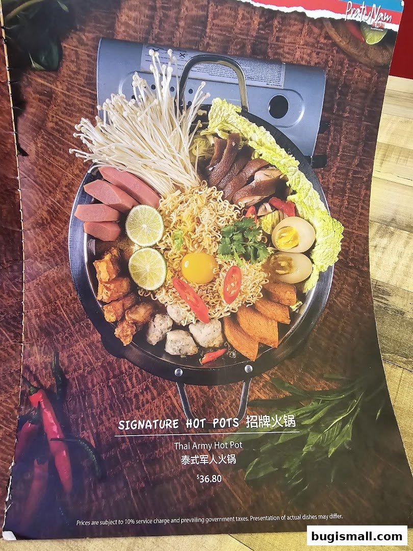 A menu featuring a signature Thai Army Hot Pot with various ingredients and a price.