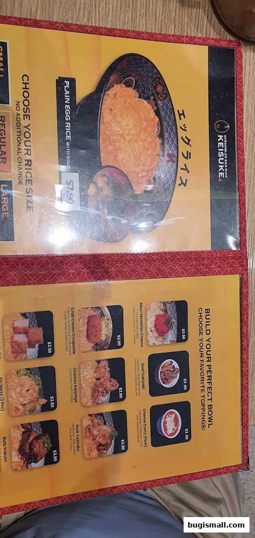 A menu from Scrambled Egg Rice Keisuke featuring various rice bowls and toppings.