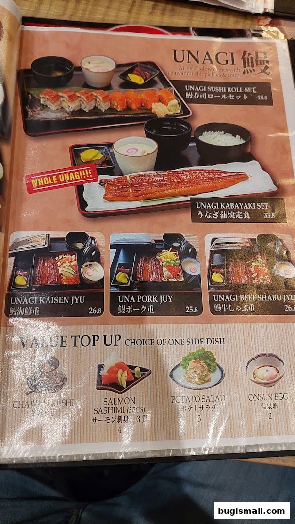 A menu from Una Una featuring Unagi dishes, sushi rolls, and side dishes.