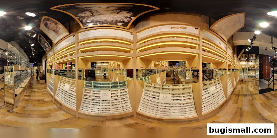 Interior view of an eyewear store showcasing a wide selection of glasses on display.