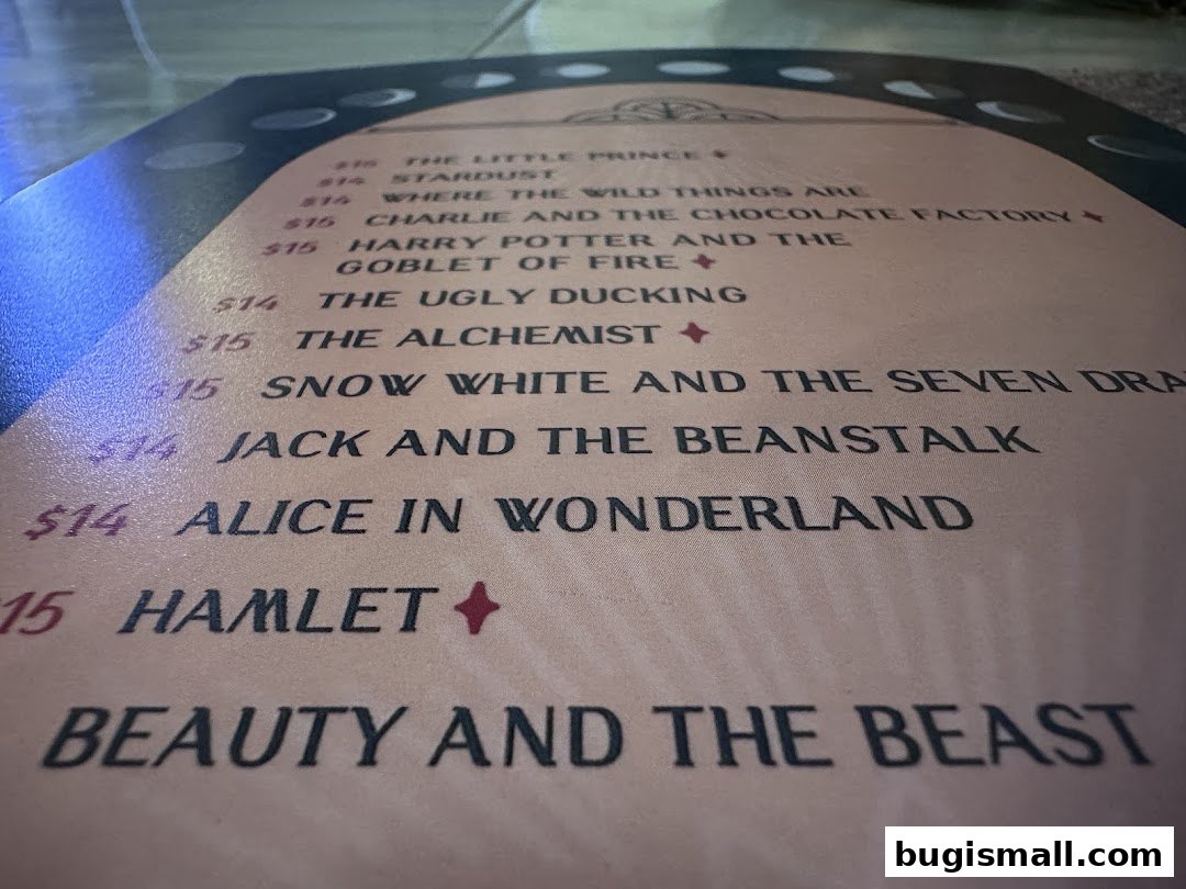 A menu with literary-themed drink names and prices.