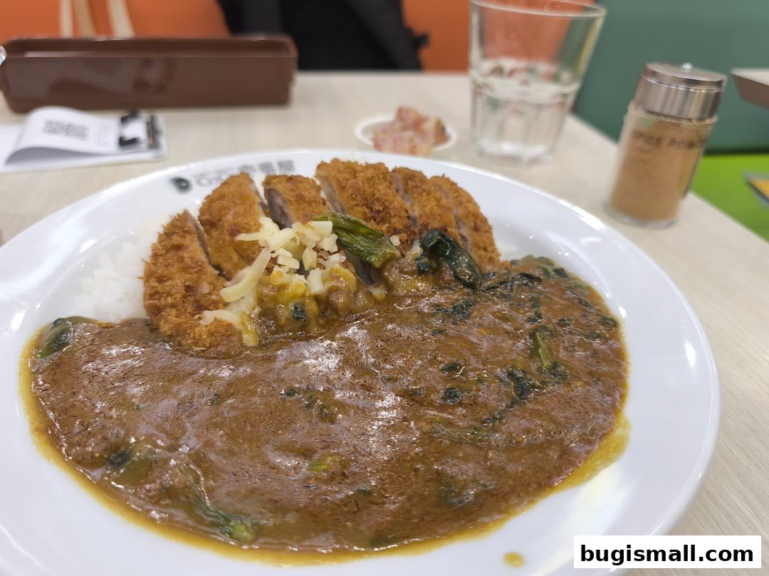 A close-up of a Japanese curry dish with crispy pork cutlet and rice.