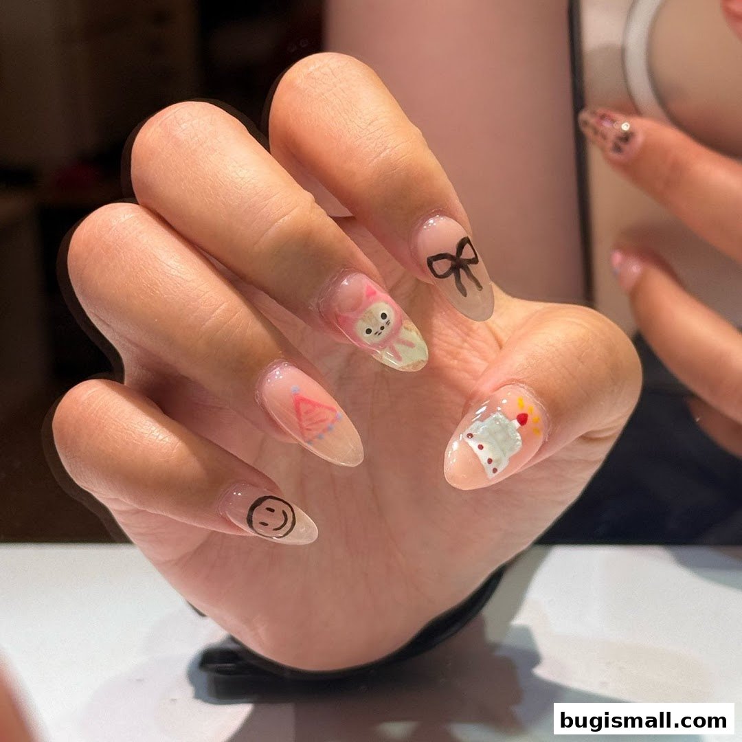Close-up of a hand with intricately designed nails featuring cute cartoon characters and patterns.