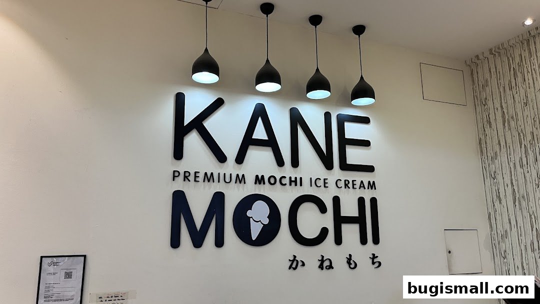 The KANE MOCHI logo with premium mochi ice cream branding and Japanese text.