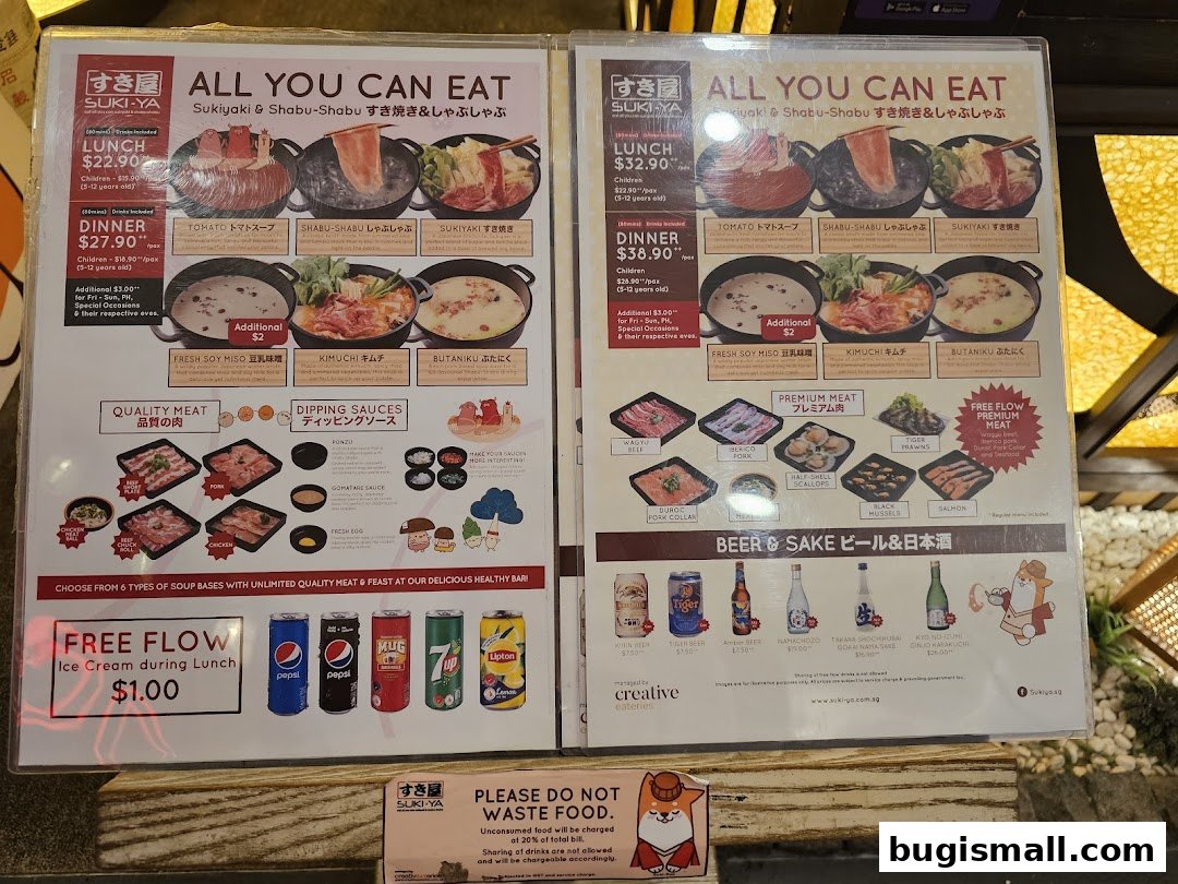 A menu for Suki-Ya offering all-you-can-eat Sukiyaki and Shabu-Shabu with various soup bases and meats.