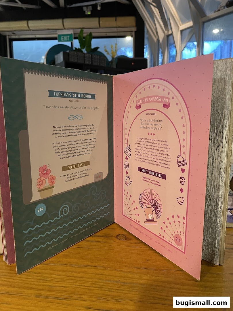 An open menu with two distinct themed pages, one for 'Tuesdays with Morrie' and another for 'Alice in Wonderland'.