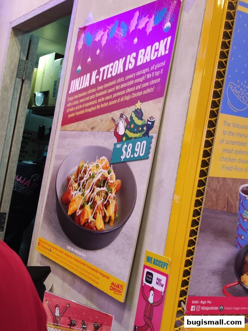 A promotional poster for Jinjia Chicken's K-Tteok dish, featuring festive decorations and pricing.