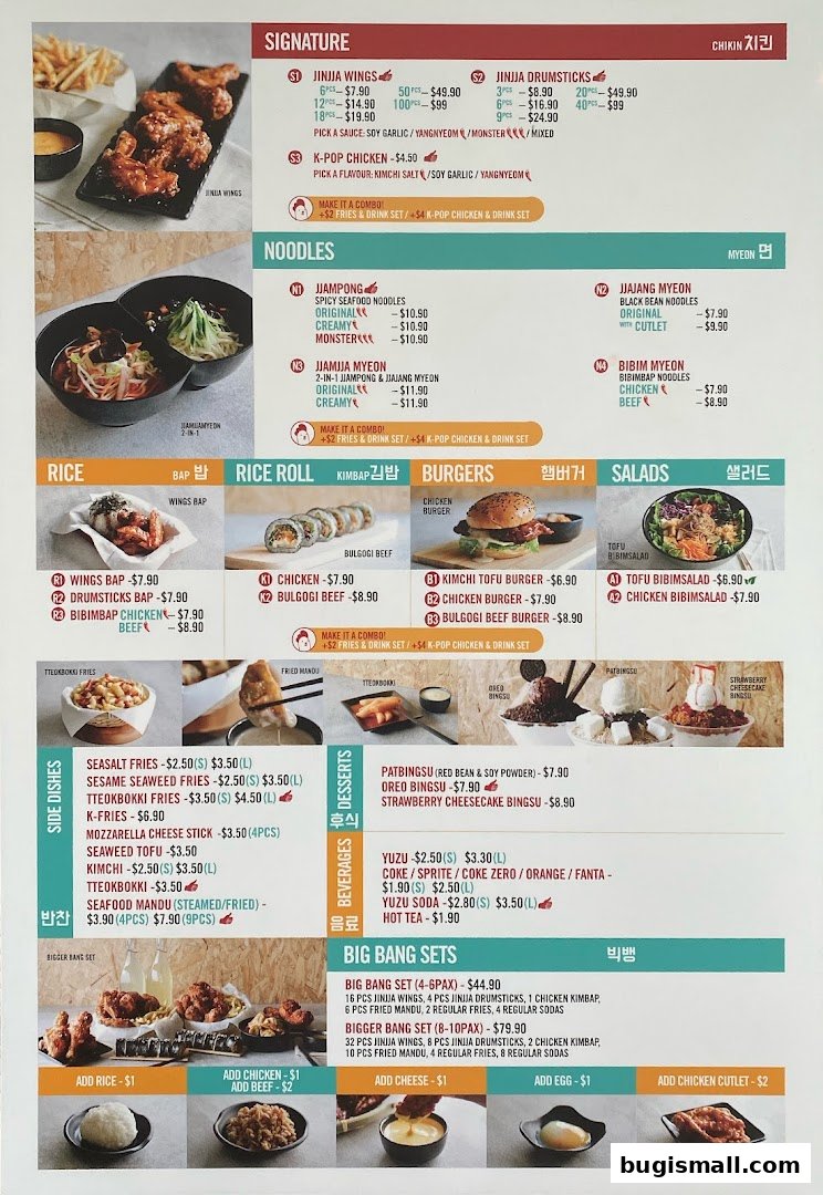 A menu for JINJJA Chicken featuring signature wings, noodles, rice dishes, burgers, salads, sides, desserts, beverages, and big bang sets.
