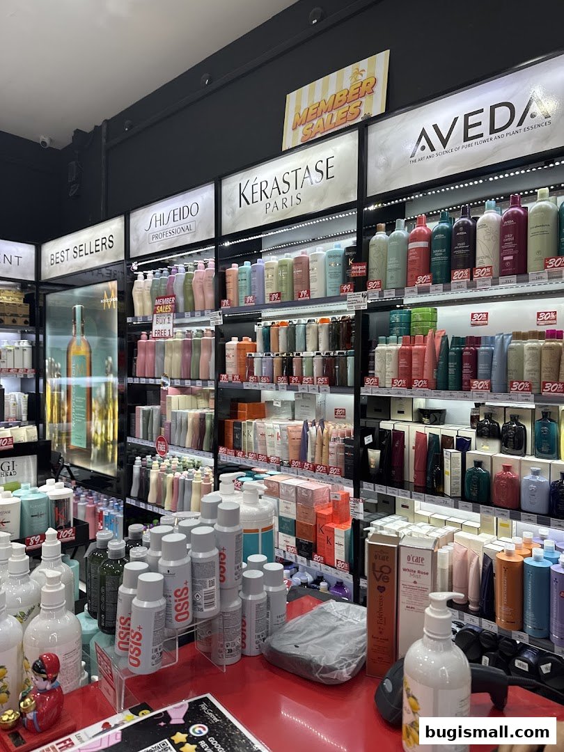 A well-stocked beauty store with shelves displaying various hair and skincare products.