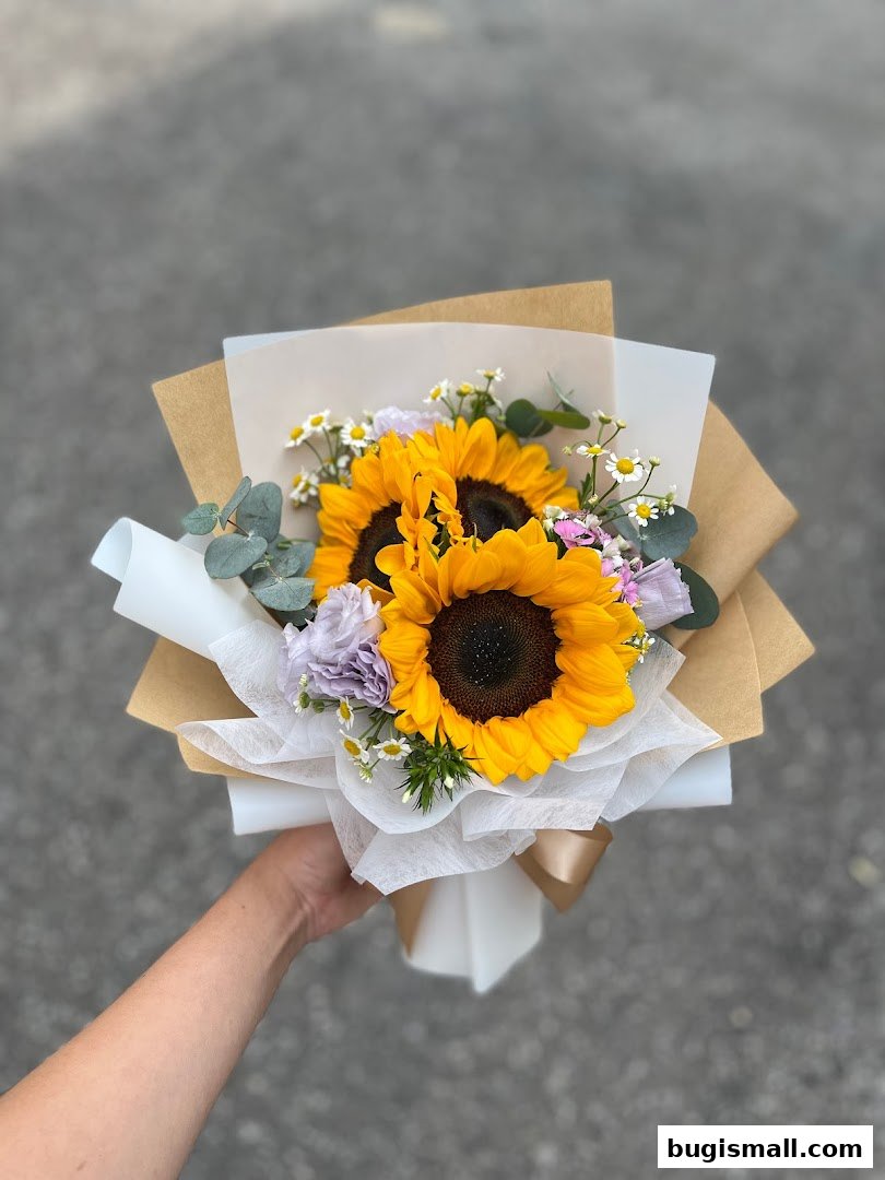 A hand holds a bouquet of sunflowers, daisies, and purple flowers, wrapped in brown and white paper.