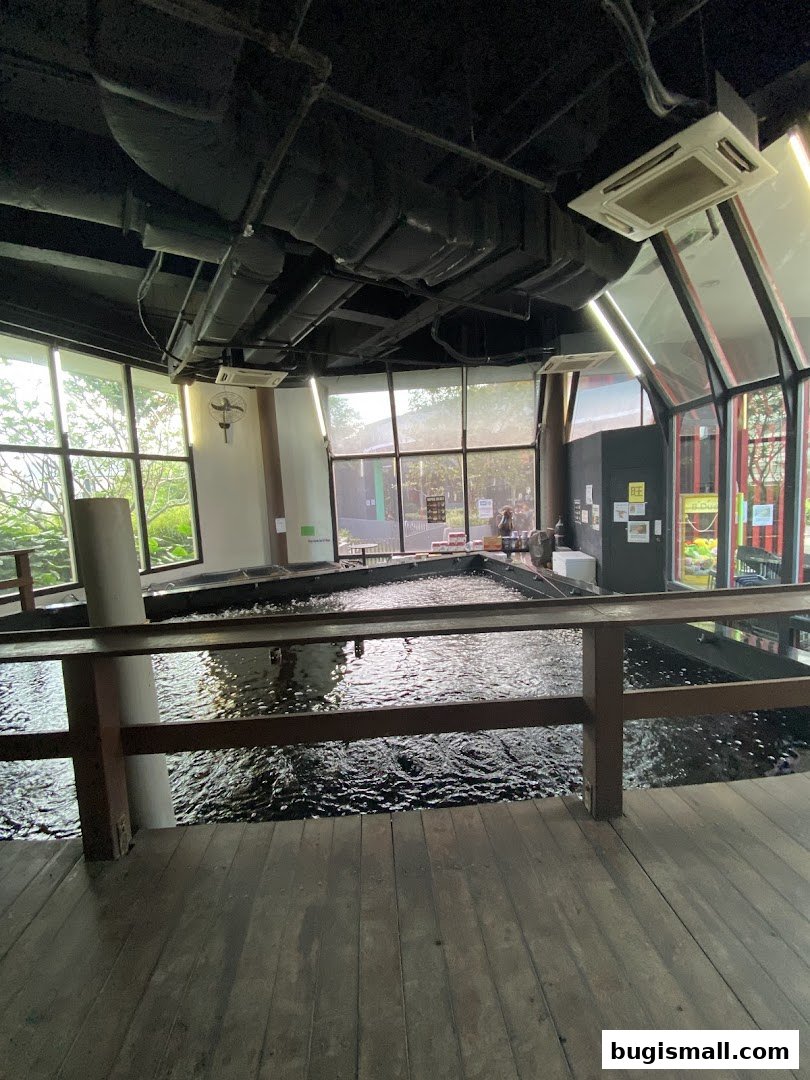 Interior view of a shop with large fish tanks and wooden walkways.