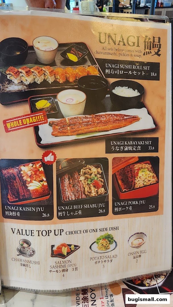 A menu showcasing various Unagi dishes, including sushi rolls, kabayaki, and rice bowls.