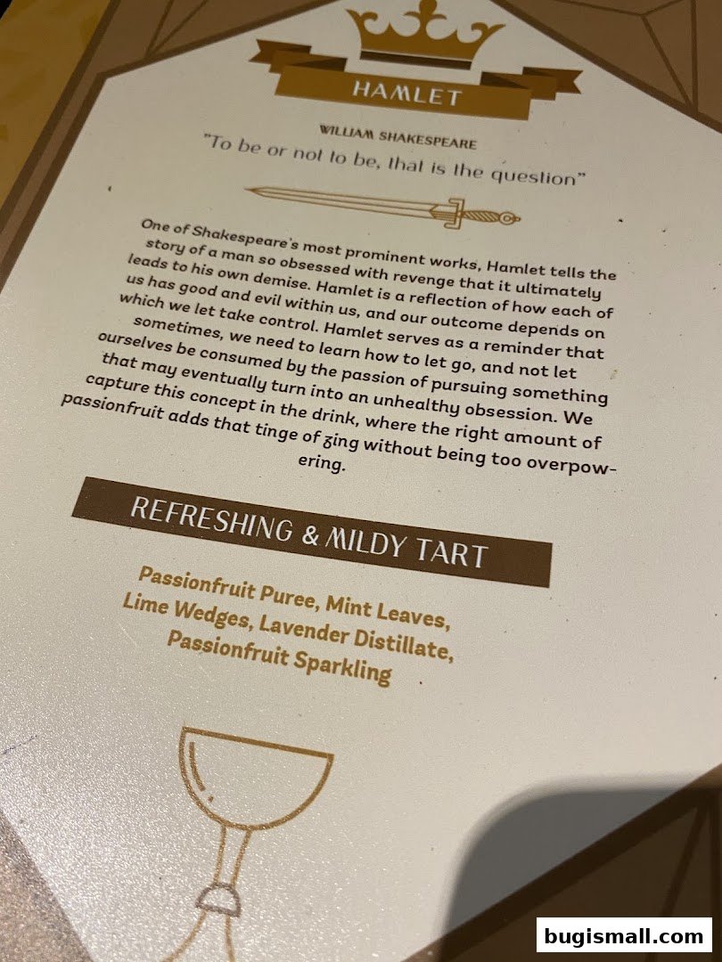 A menu item description for 'Hamlet' with ingredients and a quote.