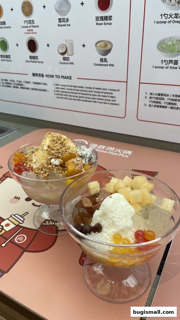 Two bowls of colorful shaved ice desserts with various toppings and fruits.