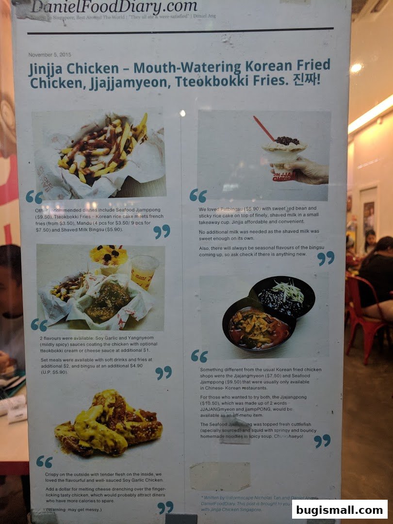 A menu board showcasing Korean fried chicken, jjajjamyeon, and tteokbokki fries with enticing descriptions.