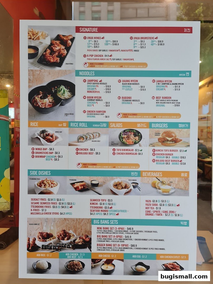A menu for JINJJA Chicken featuring various Korean fried chicken, noodles, rice dishes, and sets.