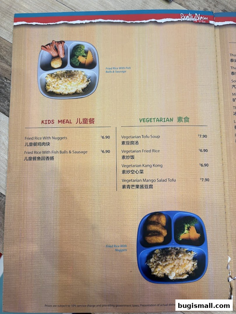 A menu page from Pratunam PLUS by Soi Thai Soi Nice featuring kids meals and vegetarian options.