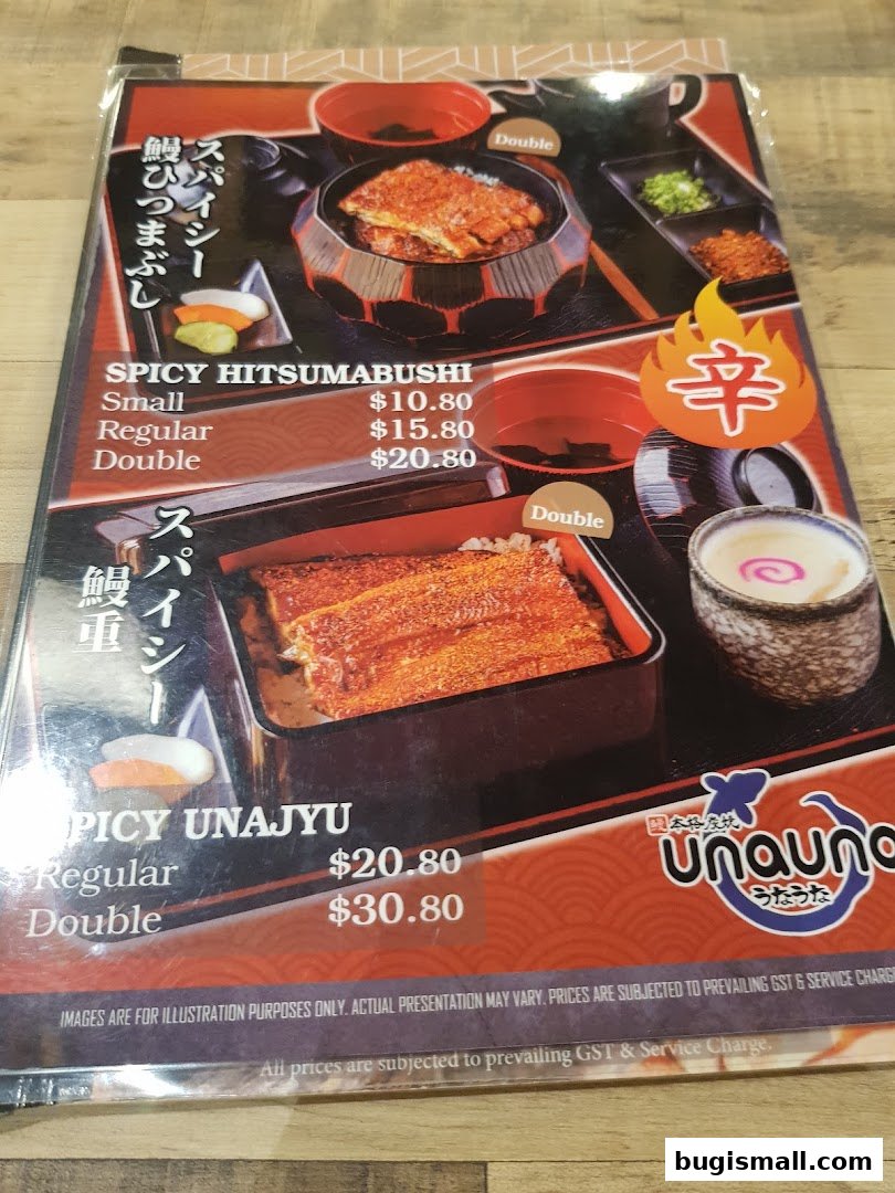 A menu from Una Una featuring Spicy Hitsumabushi and Spicy Unajyu dishes.