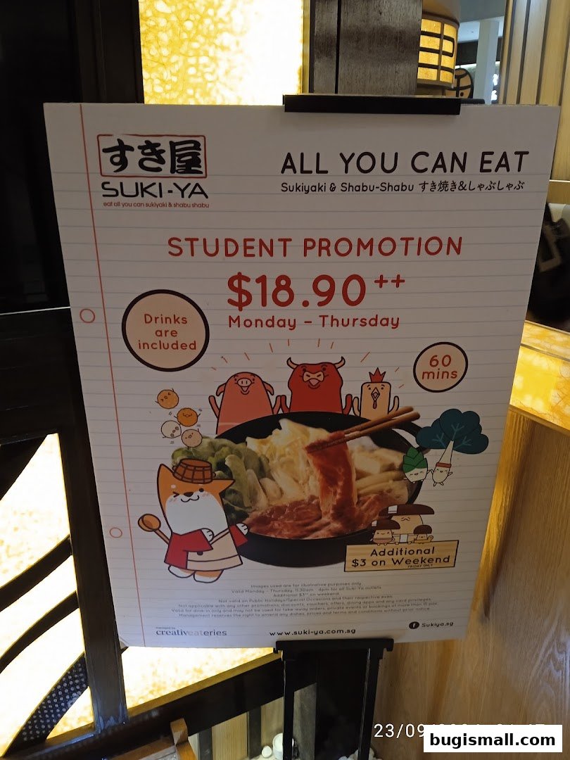 A promotional poster for Suki-Ya's all-you-can-eat shabu shabu student promotion.