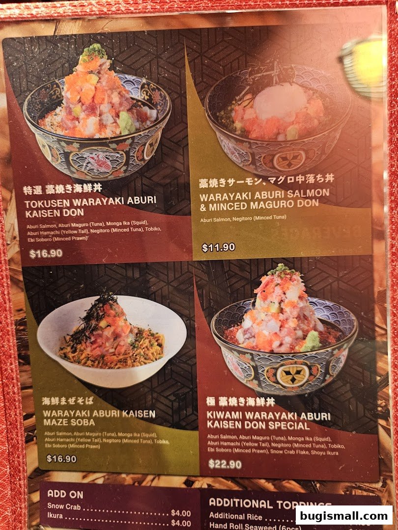 A menu showcasing various Japanese rice bowls and soba dishes with fresh seafood.