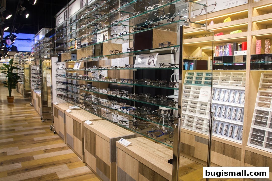 Interior view of an optical shop showcasing a wide selection of eyeglasses on display shelves.