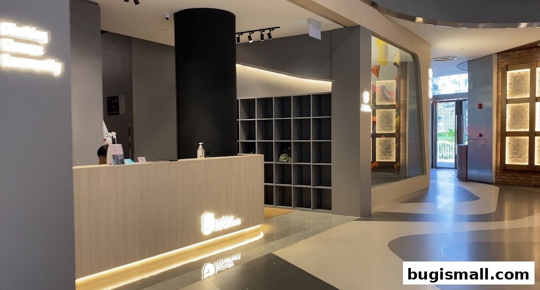 The reception area of Boulder Movement Bugis with a counter, cubbies, and climbing wall visible.