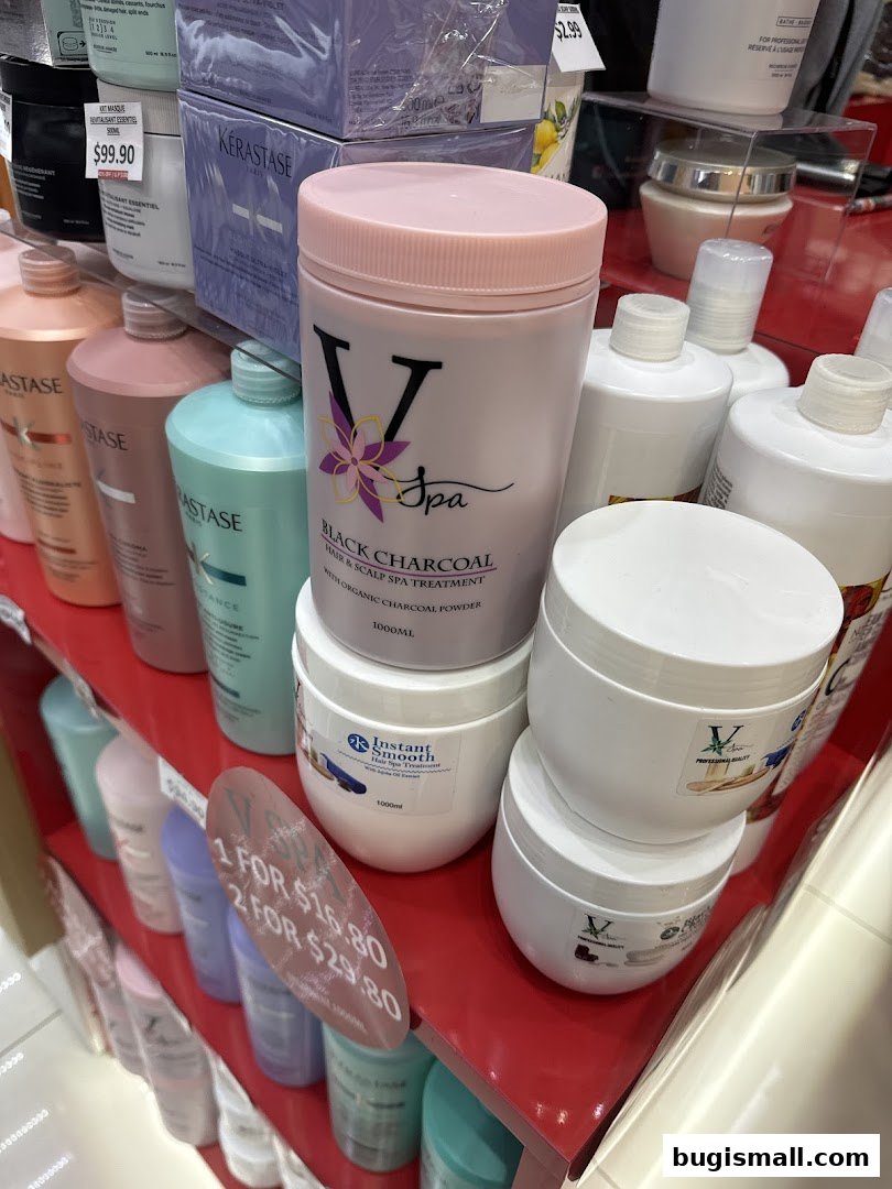 Shelves stocked with various hair and spa treatment products, including shampoos and charcoal powder.