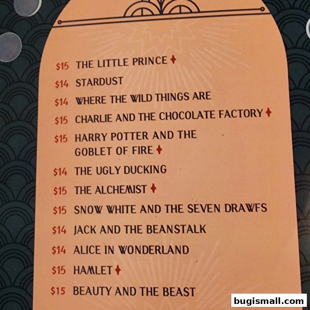 A menu with literary-themed drink names and prices.