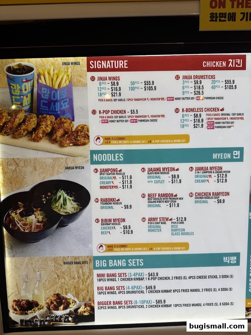 A menu for JINJJA Chicken featuring signature chicken, noodles, and big bang sets.