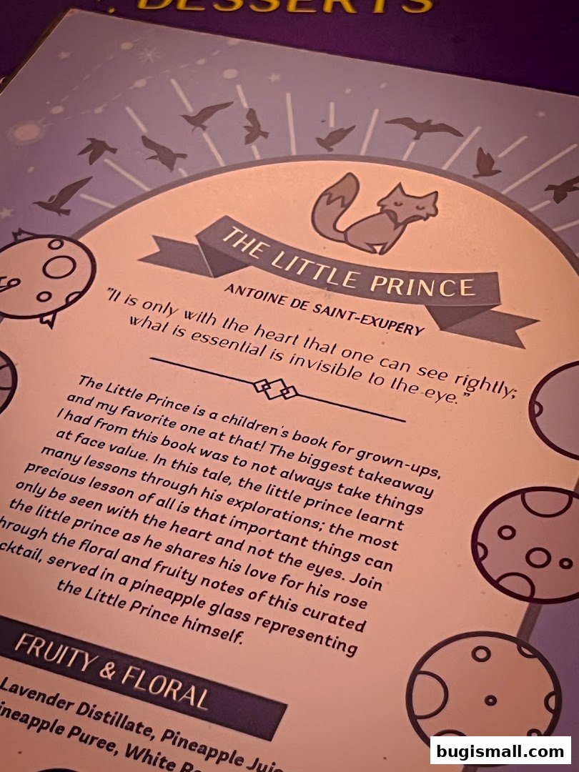 A menu page featuring 'The Little Prince' theme with floral and fruity cocktail descriptions.