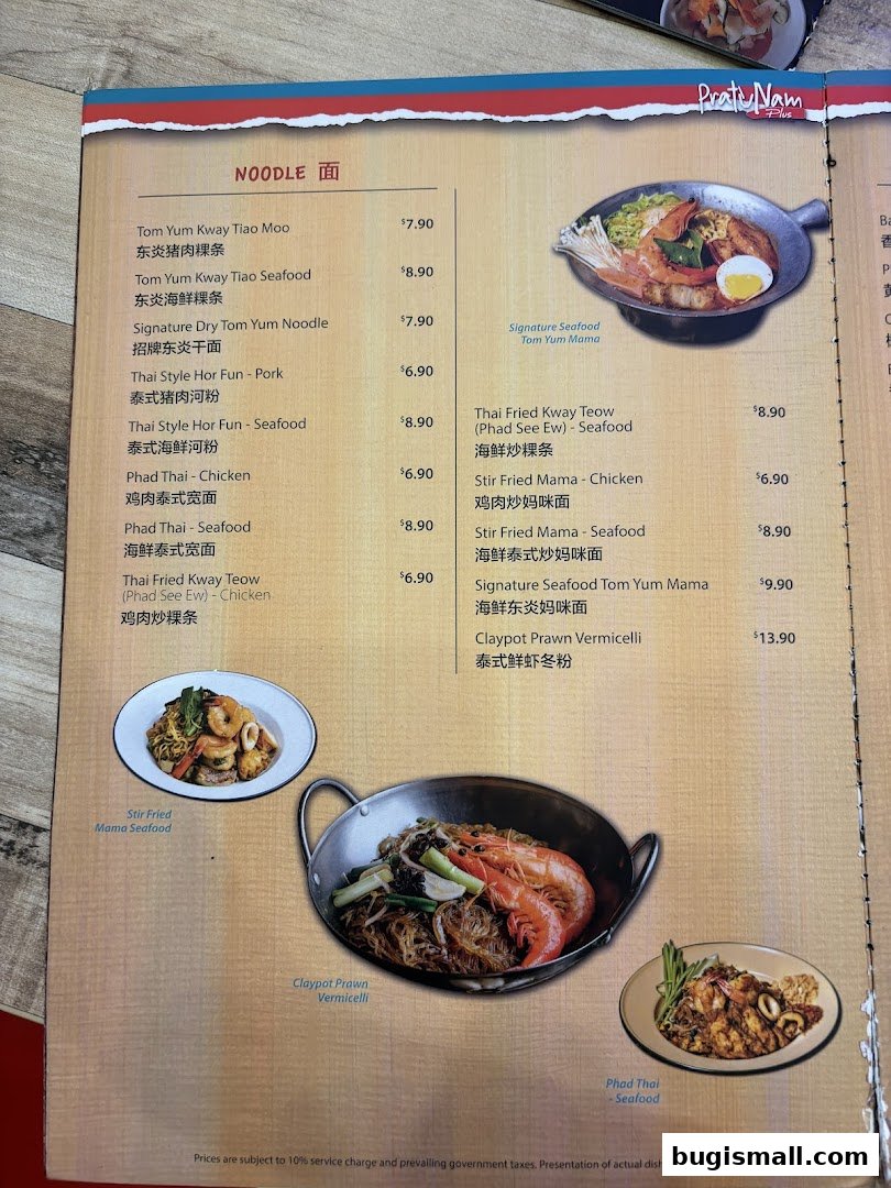 A menu page from Pratunam PLUS by Soi Thai Soi Nice featuring noodle dishes with prices and images.