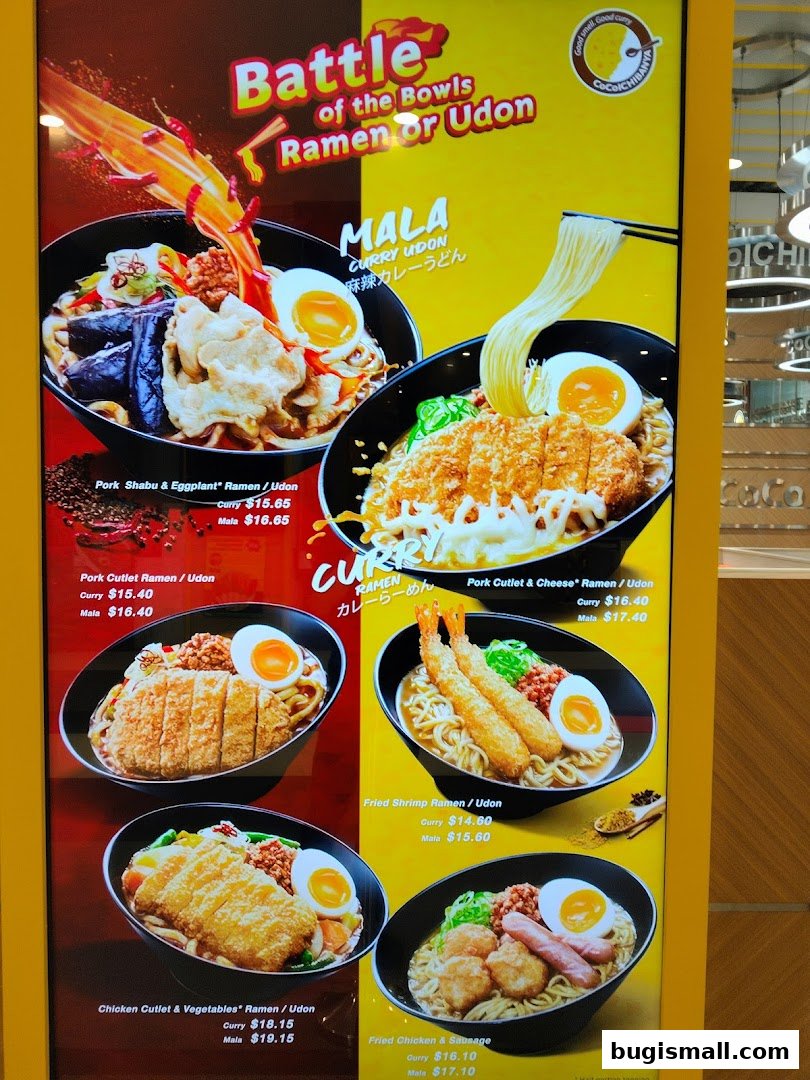 A vibrant menu display showcasing various ramen and udon dishes from CoCo Ichibanya.
