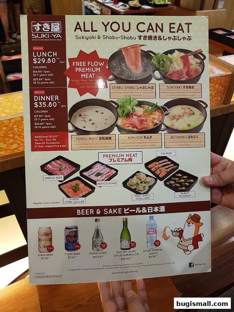 A menu for Suki-Ya offering all-you-can-eat Sukiyaki and Shabu-Shabu with various meat and soup options.