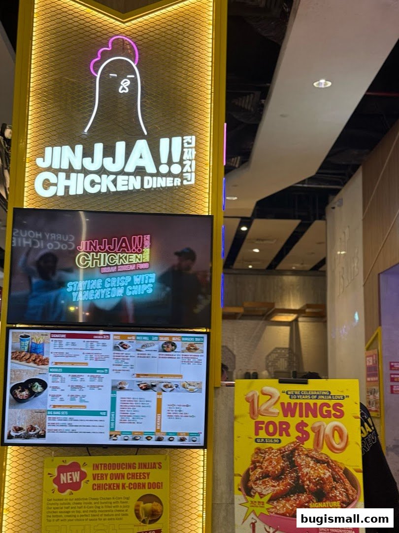 Jinjja Chicken Diner menu board featuring signature dishes, sets, and promotions.