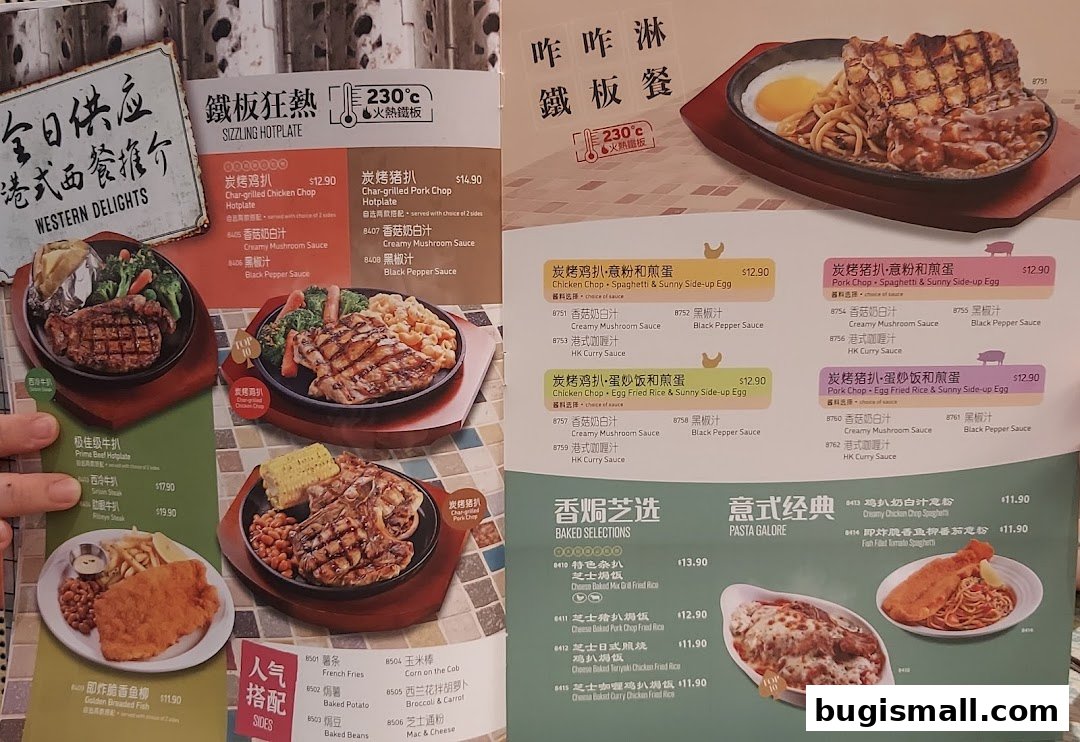 A menu from Xin Wang Hong Kong Café featuring sizzling hotplates, baked selections, and pasta.