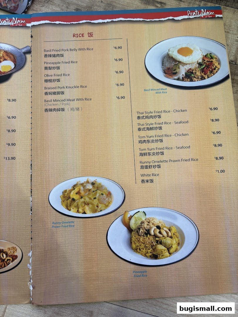 A menu page from Pratunam PLUS by Soi Thai Soi Nice featuring various rice dishes.