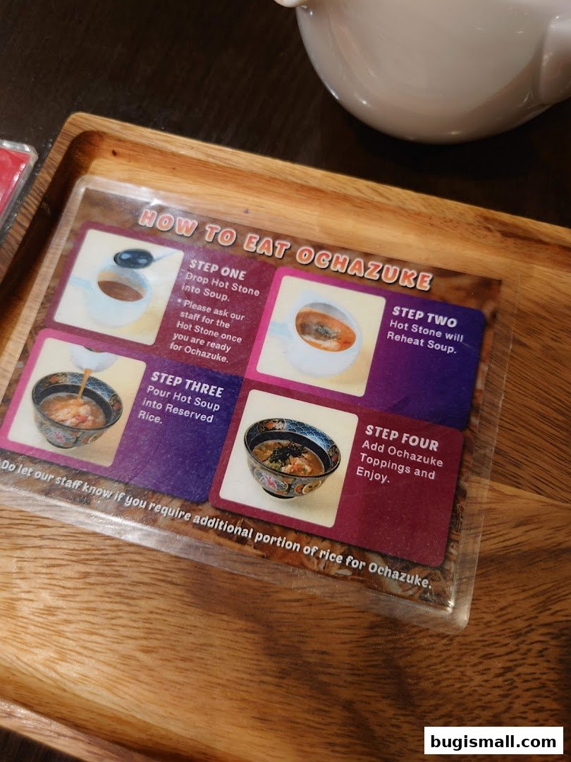 A guide on how to eat Ochazuke, with four illustrated steps.