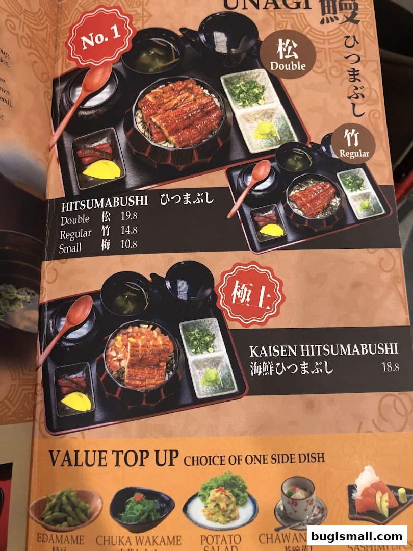 A menu showcasing Unagi dishes, including Hitsumabushi and Kaisen Hitsumabushi, with various sizes and prices.