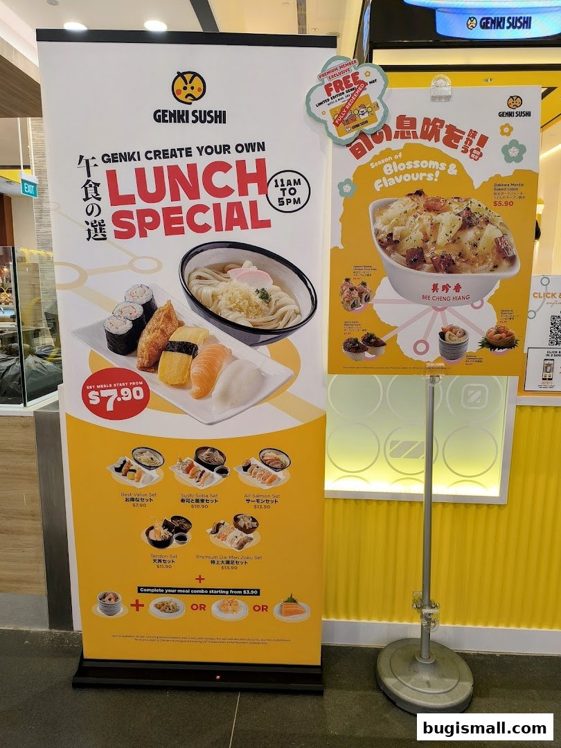 Genki Sushi promotional banners showcasing lunch specials and seasonal dishes.