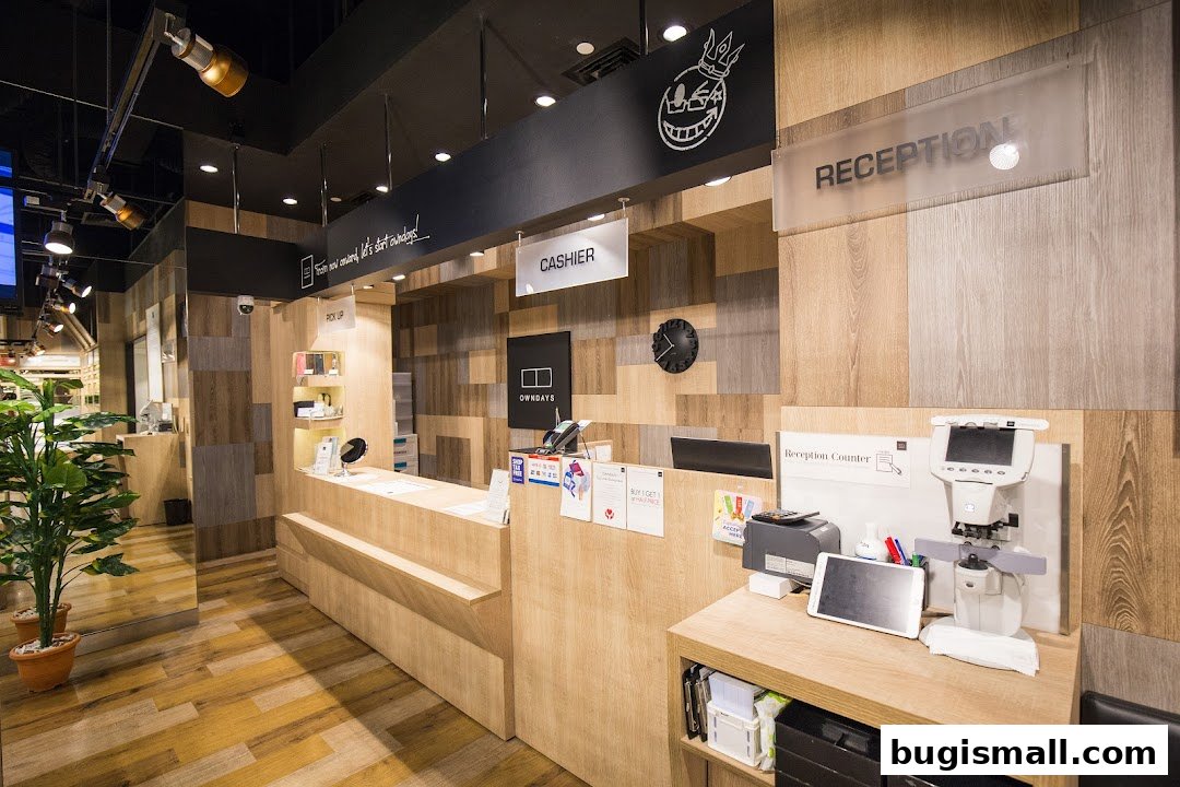 The reception and cashier area of an optical shop with modern wooden interiors.