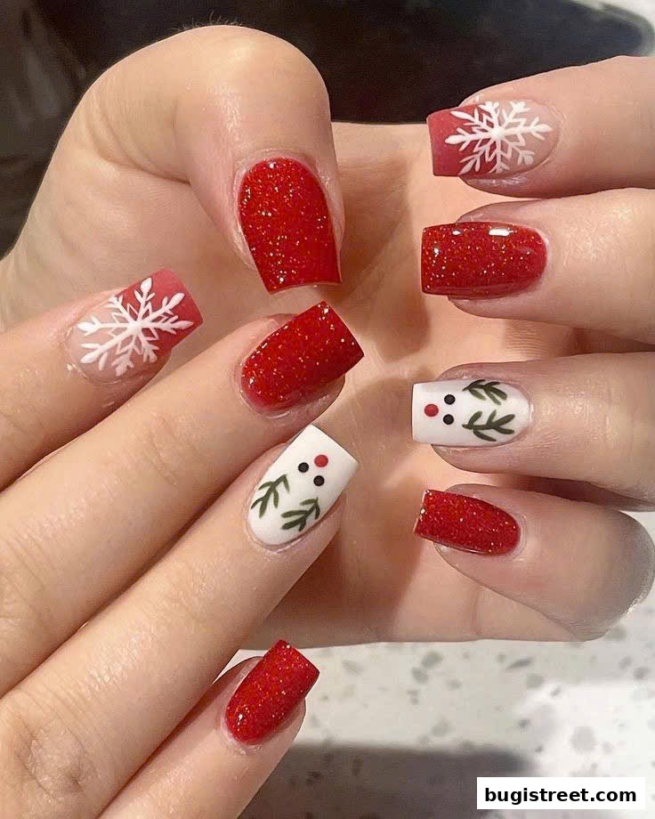 Close-up of hands with festive red and white Christmas-themed nail art.