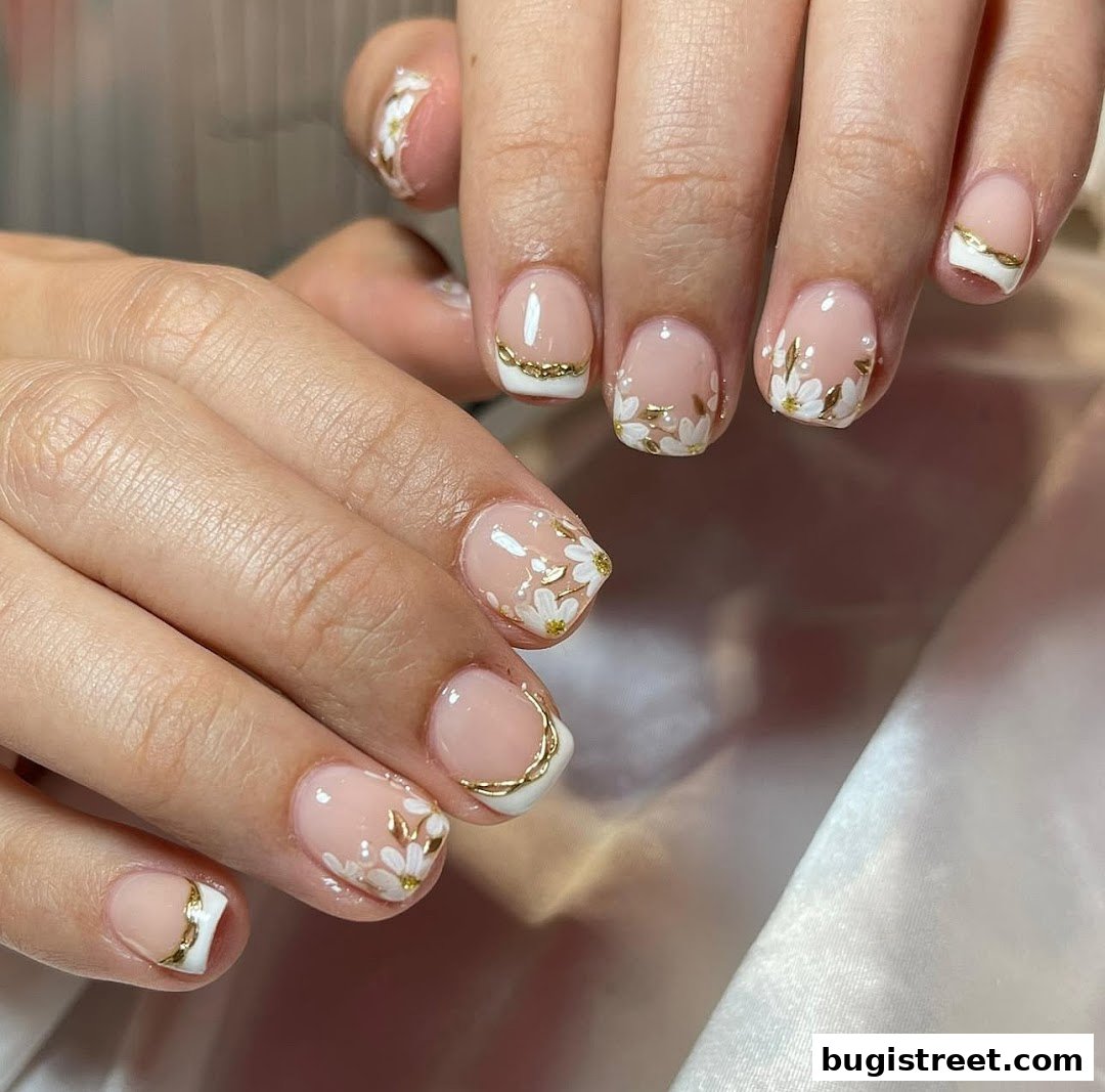 Close-up of hands with elegant French manicured nails featuring floral designs and gold accents.