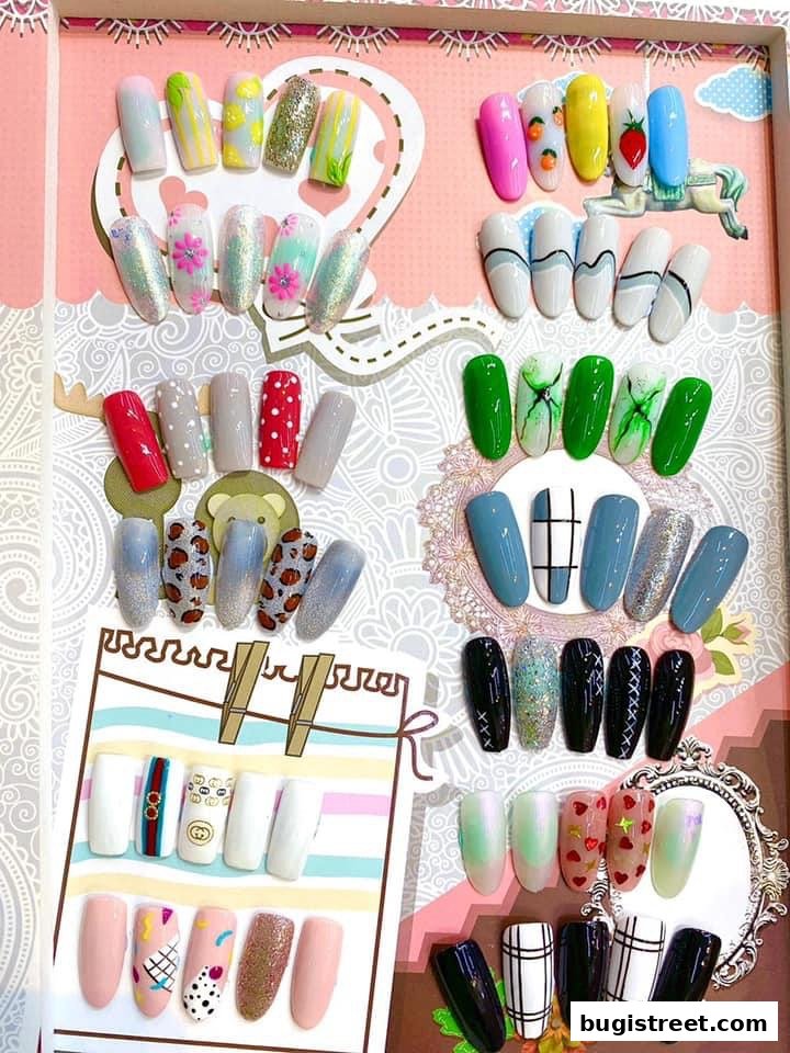 A vibrant display of various artificial nails with diverse designs and colors.