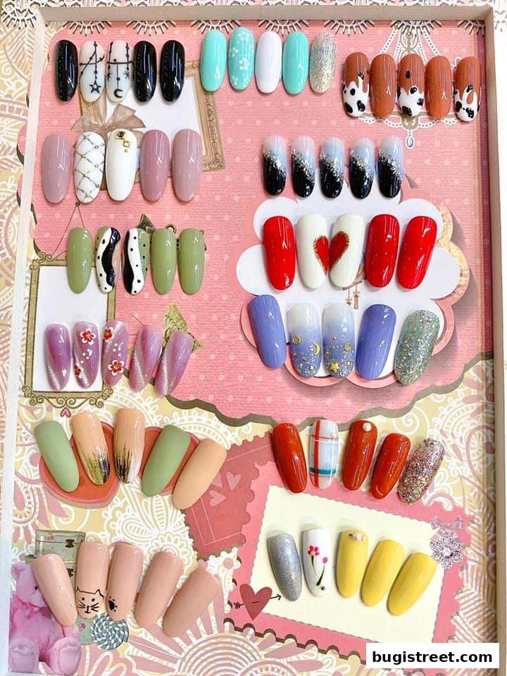 A display of various nail art designs and colors on artificial nails.