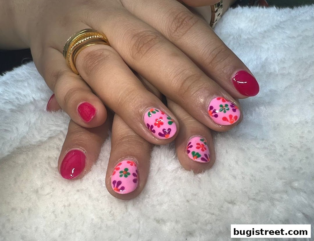Close-up of hands with vibrant pink and floral nail art, adorned with rings.