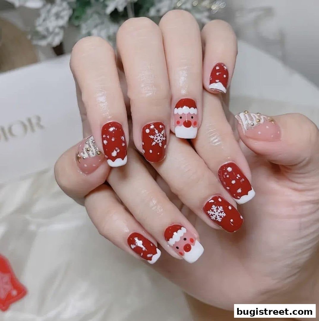 A close-up of hands with festive Christmas-themed nails, featuring Santa Claus and snowflakes.