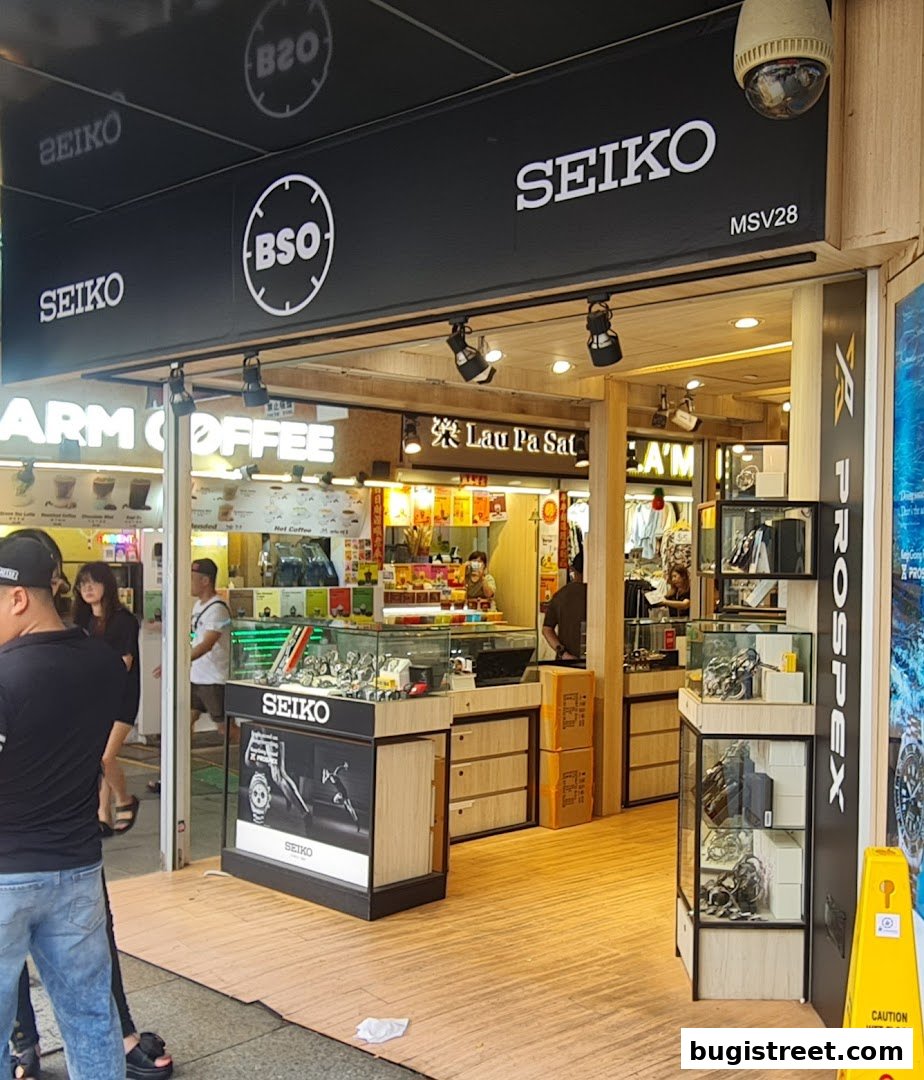 The BSO Watch shop front displays Seiko watches in illuminated display cases.