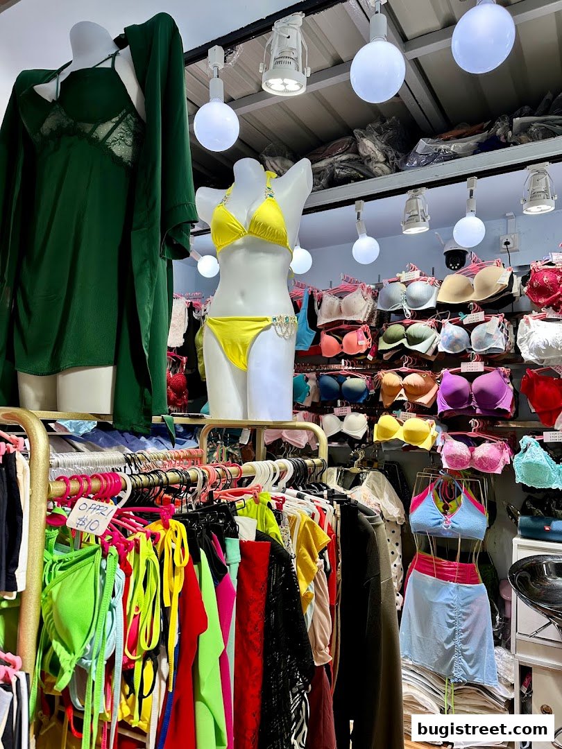 A retail shop interior displaying lingerie, swimwear, and apparel on mannequins and racks.