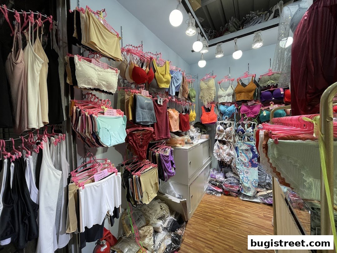Interior view of a lingerie shop displaying a wide variety of bras, underwear, and camisoles.